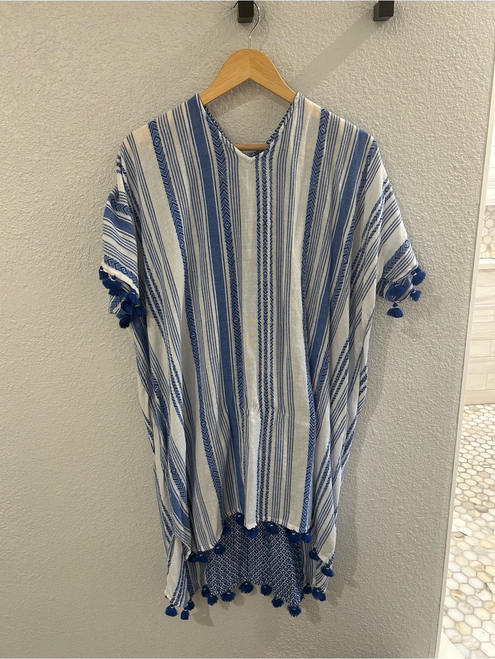 WRAP- Blue & White Striped Short-Sleeve Coverup with Tassel Trim